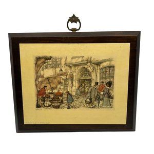 Anton Pieck Print Market Street Vintage 1970 Wood Mounted Wall Donald Art